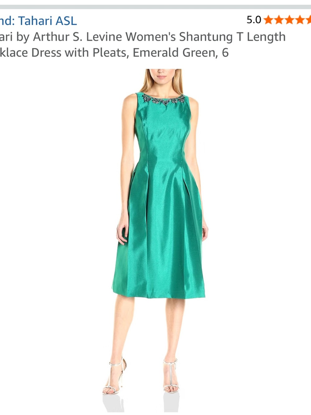Tahari ASL Emerald Green Jewel-Neck Pleated Shantung Midi Dress